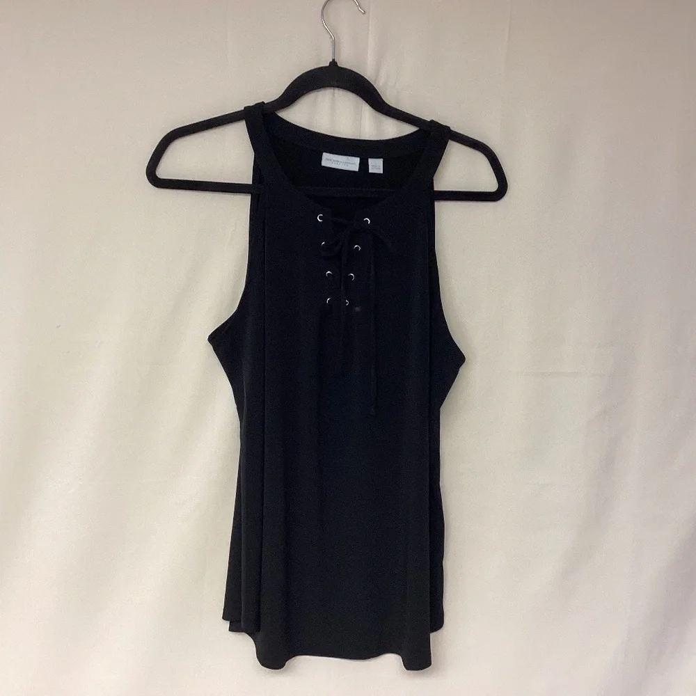 New York & Co Top Sz L Stretch Lace Up Front Black Sleeveless Multi Seasons